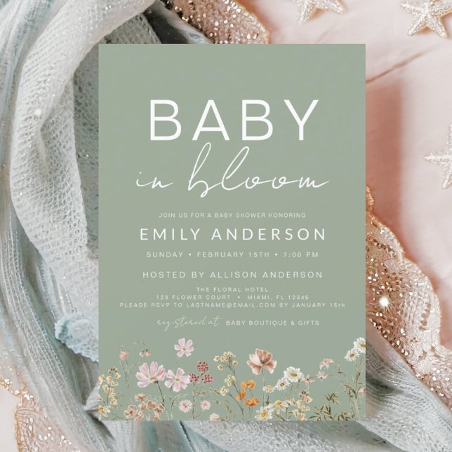 Sage Grönt Wildblomma Baby i Bloom Baby Shower Inbjudningar (Skapare uppladdad)