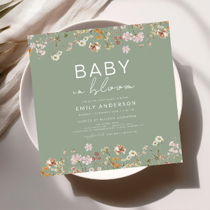 Sage Grönt Wildblomma Baby i Bloom Baby Shower Inbjudningar