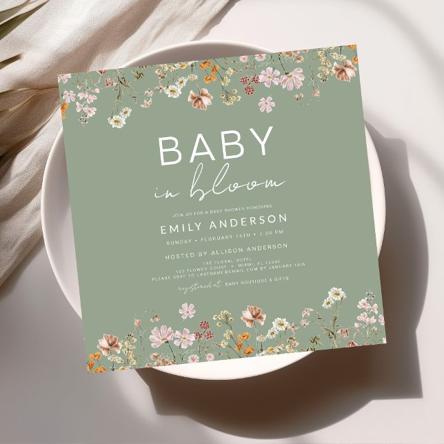 Sage Grönt Wildblomma Baby i Bloom Baby Shower Inbjudningar (Skapare uppladdad)