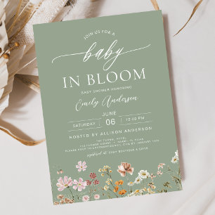 Sage Grönt Wildblomma Baby i Bloom Baby Shower Inbjudningar
