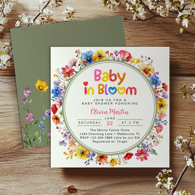 Sage Grönt Wildblomma Baby i Bloom Baby Shower Inbjudningar (Baby in bloom Invite)