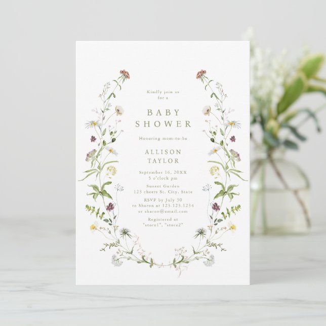 Sage Grönt Wildblomma Rustic Boho Baby Shower Inbjudningar (Stående Fram)