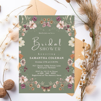 Sage Grönt WildblommBoho Pastel Möhippa Inbjudningar