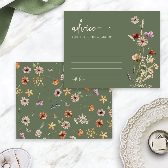 Sage Grönt Wildblomme Bröllop Advice Card (Boho Sage Green Wildflower Wedding Advice Card by Painted Paperie
)