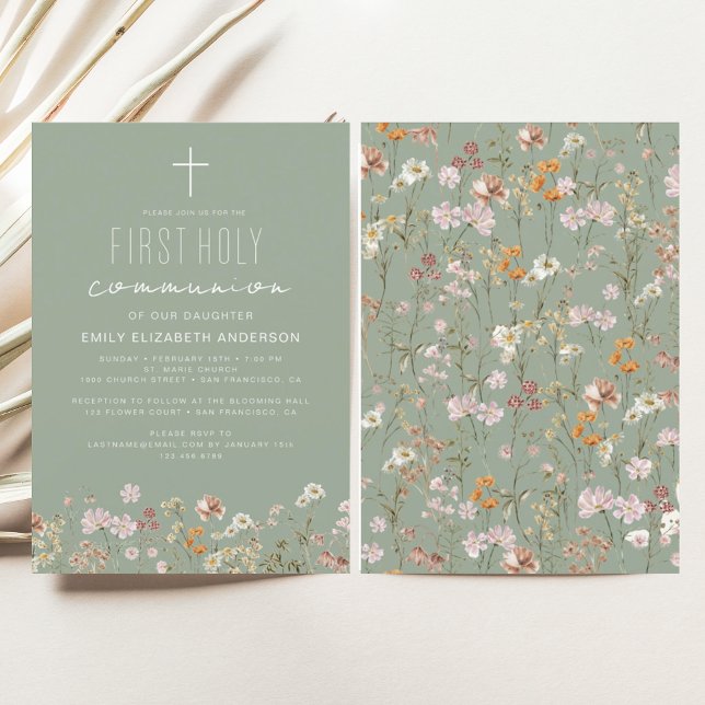 Sage Grönt Wildblomme First Heliga Communion Inbjudningar (Skapare uppladdad)