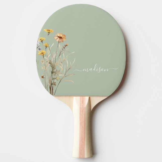 Sage Grönt Wildblomme Modern Monogram-Elegant Pingisracket (Framsidan)