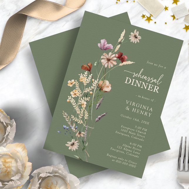 Sage Grönt Wildblomme Rehearsal Middag Inbjudningar (Boho Sage Green Wildflowers Rehearsal Dinner Invitation by Painted Paperie
)