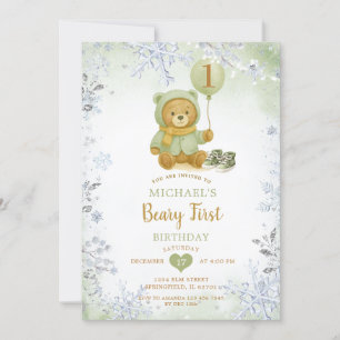 Sage Grönt Winter Snowflake Beary Första födelseda Inbjudningar