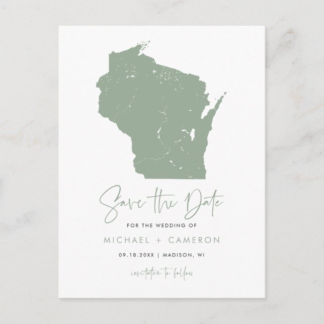 Sage Grönt Wisconsin Karta Modern Spara datum Meddelande Vykort (Framsida)