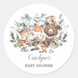 Sage Grönt Woodland Animals Greenery Baby Shower Runt Klistermärke