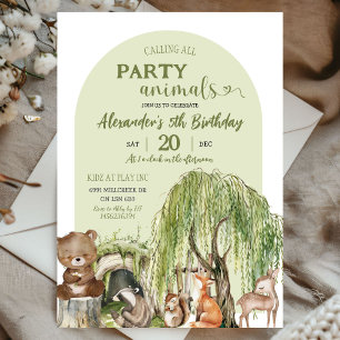 Sage Grönt Woodland Party Animals Boy Birthday Inbjudningar