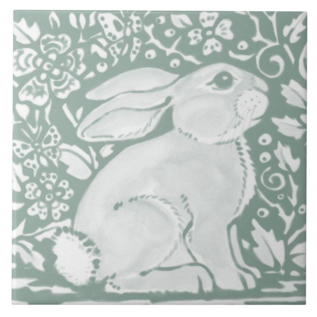 Sage Grönt Woodland Rabbit Forest Animal Cute Kakelplatta (Framsidan)