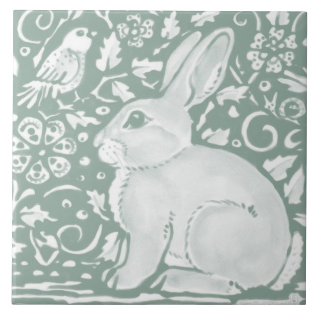 Sage Grönt Woodland Rabbit Forest Animal Natature Kakelplatta (Framsidan)