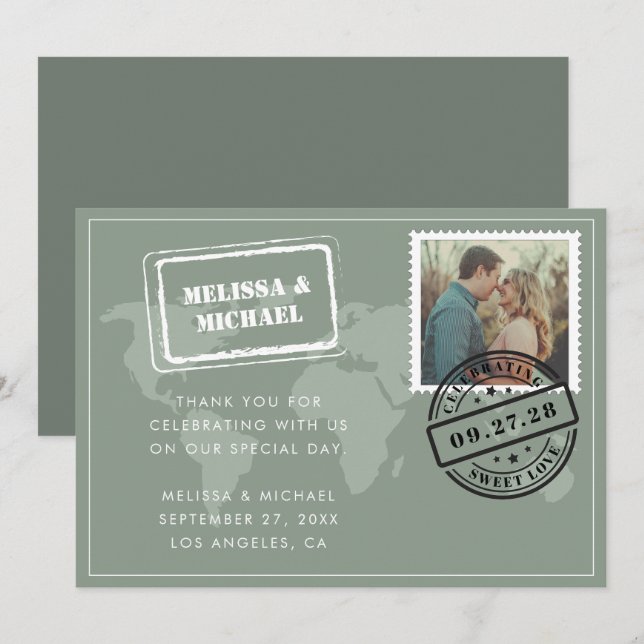 Sage Grönt World Map Destination Wedding Photo Tack Kort (Fram/baksida)
