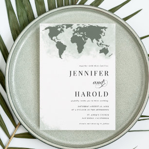 Sage Grönt World Map QR Code Destination Wedding Inbjudningar