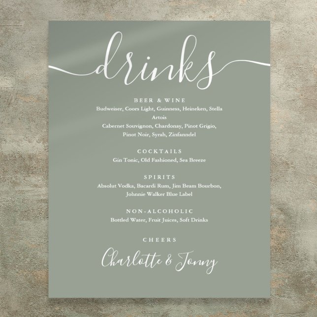 Sage-Grönten Namnteckning menysignatur för skript  Poster (Sage Green Signature Script Drinks Menu Sign)