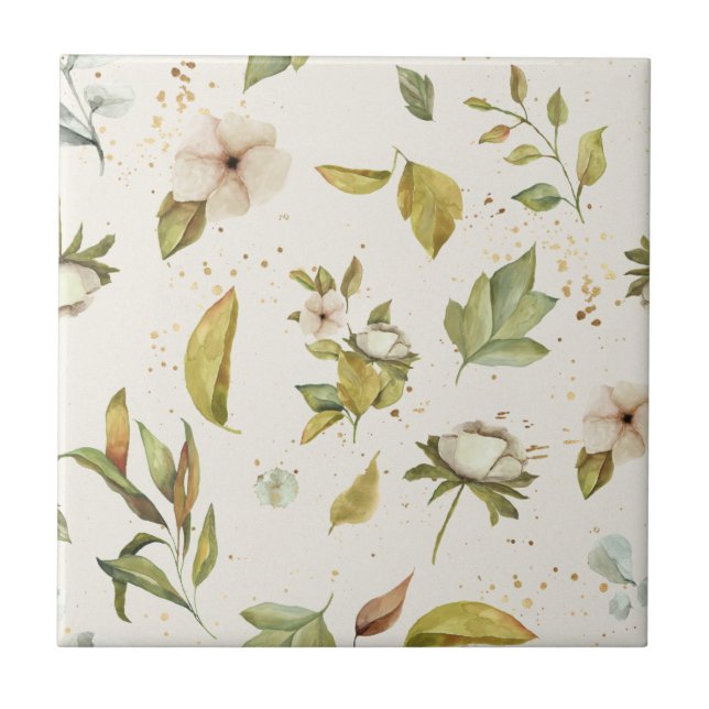 Sage, Guld, Cream Blommigt Sömlös, klar bild Kakelplatta (Framsidan)