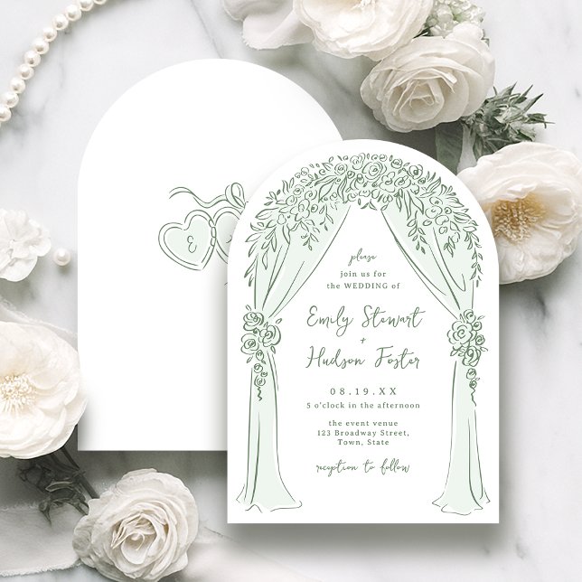 Sage Hand Drawn Floral Arch Whimsical Wedding Inbjudningar (Sage Hand Drawn Floral Arch Whimsical Wedding Invitation)