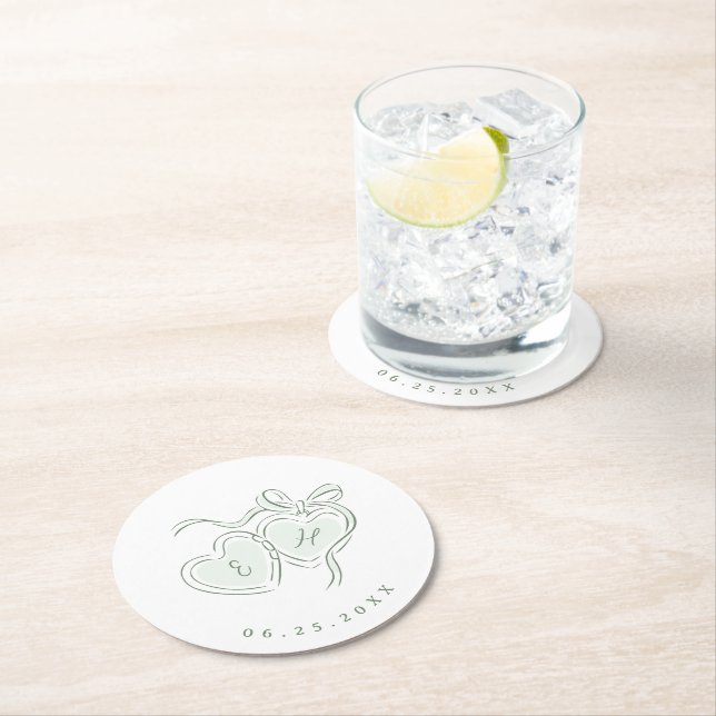 Sage Hand Drawn Hearts Monogram Whimsical Wedding Underlägg Papper Rund (Insitu)
