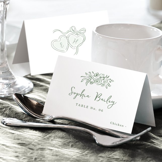 Sage Handritad Blommig Vikbar Platskort Bordsnummer (Sage Hand Drawn Floral Foldable Place Card)