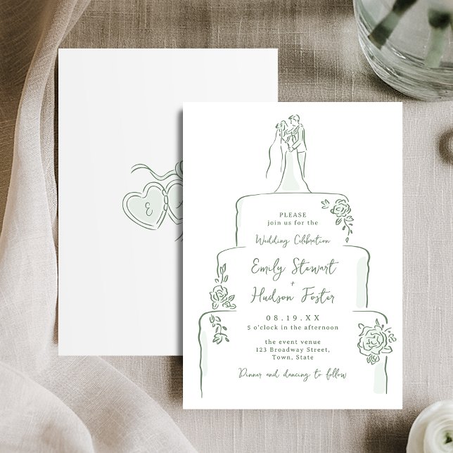 Sage Handritad Bröllopstårta Whimsical Inbjudningar (Sage Hand Drawn Wedding Cake Whimsical Invitation)