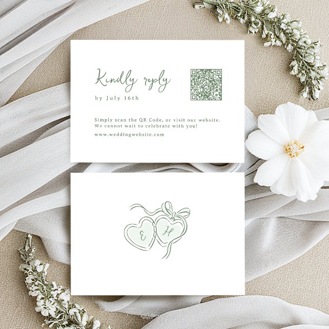 Sage Handritad Monogram Whimsisk Bröllops QR-kod OSA Kort (Sage Hand Drawn Monogram Whimsical Wedding QR code RSVP Card)