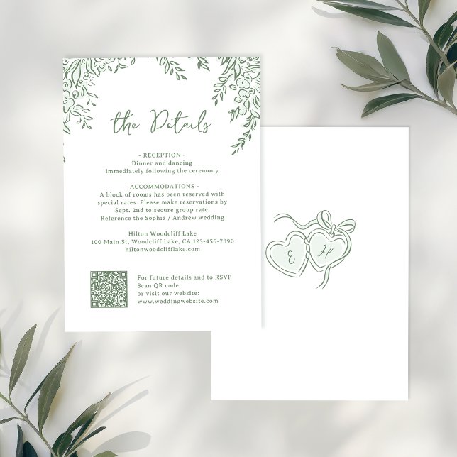 Sage Handritad Monogram Whimsisk Bröllopsdetalj Anteckningskort (Sage Hand Drawn Monogram Whimsical Wedding Details Note Card)