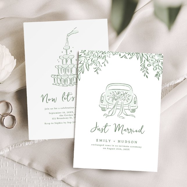 Sage Handritad Nygift Bil Whimsical  Inbjudningar (Sage Hand Drawn Just Married Car Whimsical Invitation)