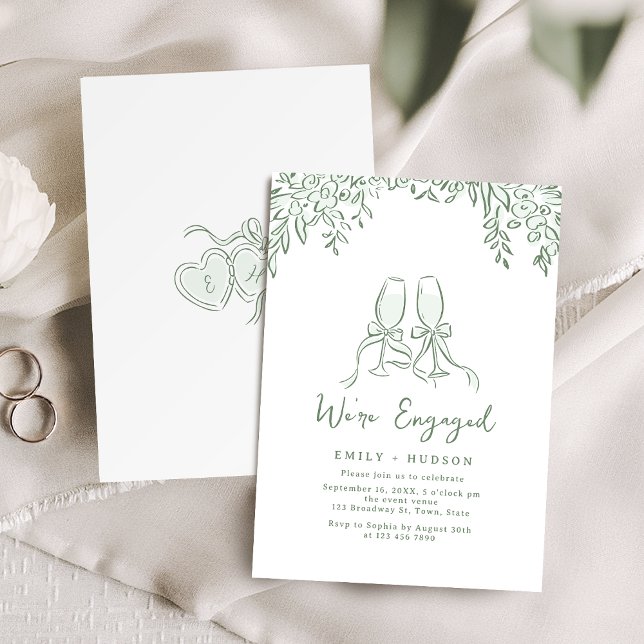 Sage Handritad Skål Toast Whimsical Förlovning Inbjudningar (Sage Hand Drawn Cheers Toast Whimsical Engagement Invitation)