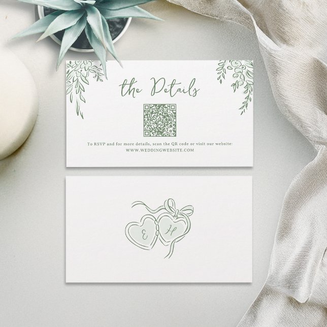 Sage Handritad Whimsical Bröllops QR-kod Detaljer Placeringskort (Sage Hand Drawn Whimsical Wedding QR code Details Place Card)