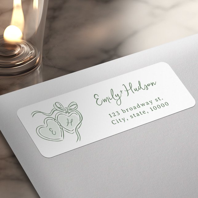 Sage Handritade Hjärtan Monogram returadress Etikett (Sage Hand Drawn Hearts Monogram return address Label)