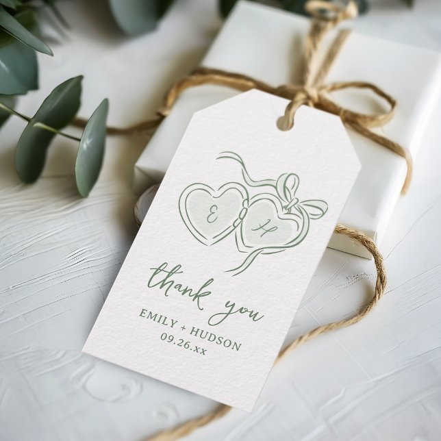 Sage Handritade Hjärtan Monogram Tack Favors Presentetikett (Sage Hand Drawn Hearts Monogram Thank You Favors Gift Tags)
