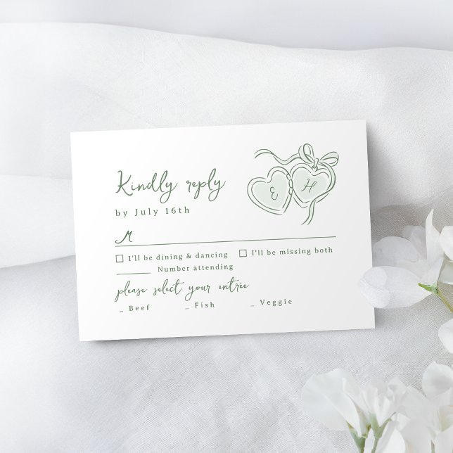 Sage Handritade Hjärtan Monogram Whimsical Bröllop OSA Kort (Sage Hand Drawn Hearts Monogram Whimsical Wedding RSVP Card)