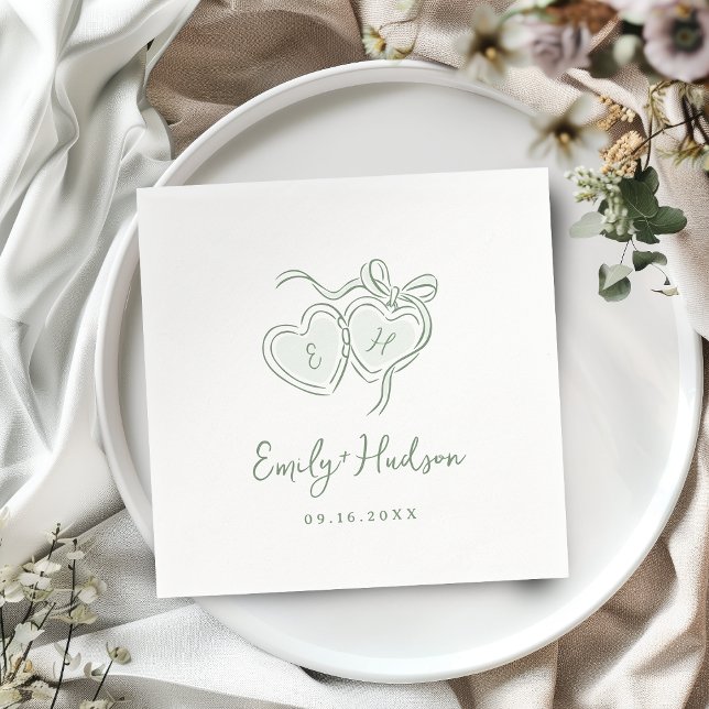 Sage Handritade Hjärtan Monogram Whimsical Bröllop Pappersservett (Sage Hand Drawn Hearts Monogram Whimsical Wedding Napkins)