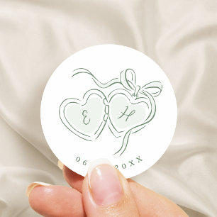 Sage Handritade Hjärtan Monogram Whimsical Bröllop Runt Klistermärke