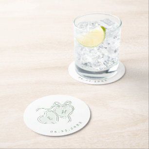Sage Handritade Hjärtan Monogram Whimsical Bröllop Underlägg Papper Rund