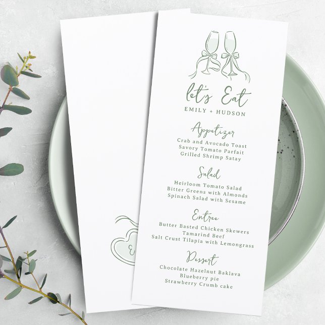 Sage Handritade Skål Glas Whimsical Bröllop Meny (Sage Hand Drawn Cheers Glasses Whimsical Wedding Menu)