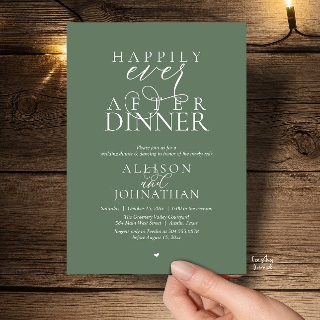 Sage Happily Ever After Dinner Modern Wedding Inbjudningar (Sage Green Happily Ever After Dinner Modern Script Wedding Invitation Card)