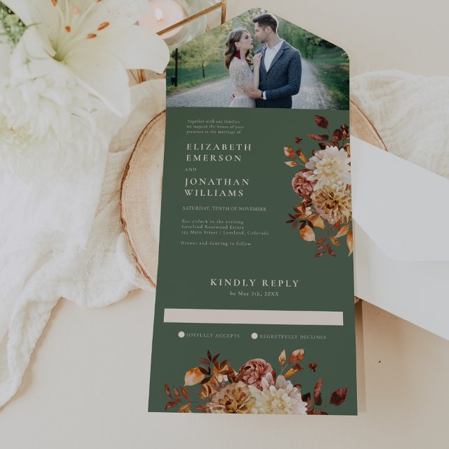 Sage Höst Foto Bröllop Allt I En Inbjudan (Sage Green Fall Floral Photo Wedding All In One Invitation by Painted Paperie
)