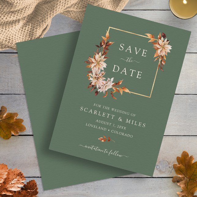 Sage Höst Vattenfärg Blommig Guld Ram Bröllop Spara Datumet (Elegant Sage Fall Watercolor Floral Gold Frame Wedding Save The Date by Painted Paperie)