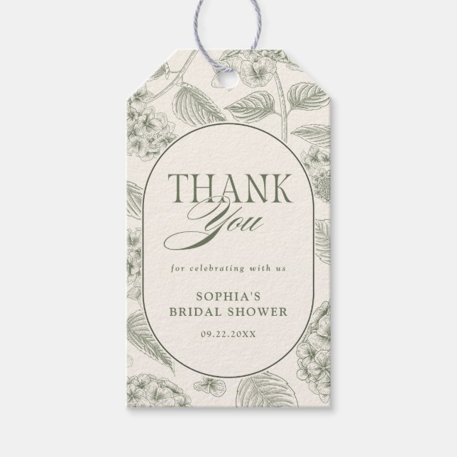 Sage Hydrangea Vintage Bridal Shower Presentetikett (Framsidan)