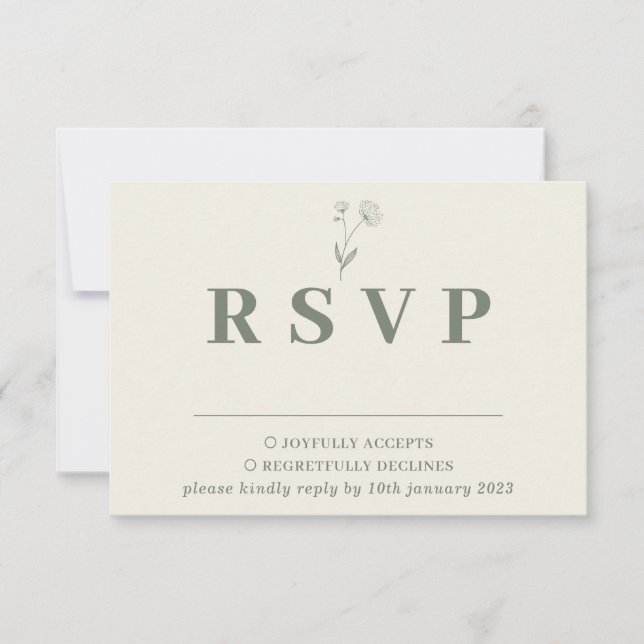 Sage Ivory Beige Cotton Blommigt Bröllop Response OSA Kort (Framsida)