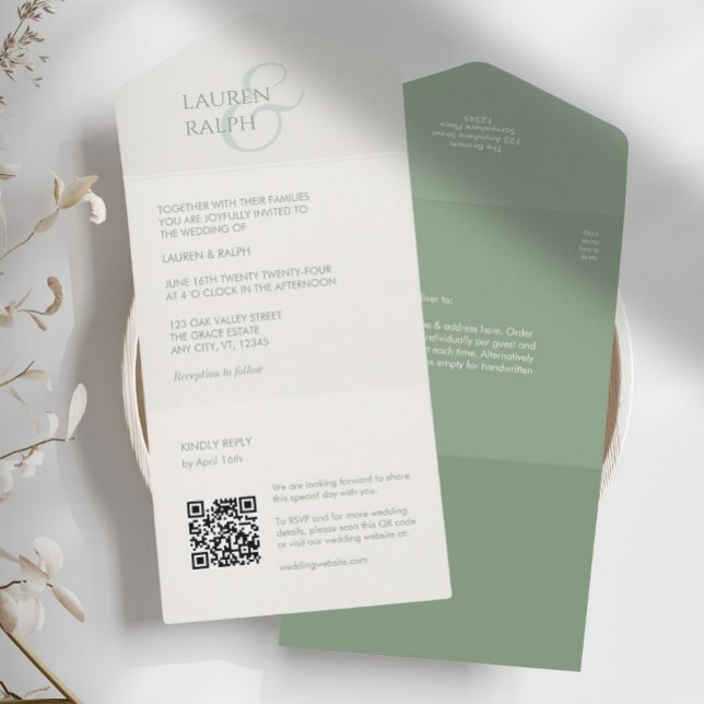 Sage & Ivory Monogram QR allt i en bröllopsinbjuda (Skapare uppladdad)