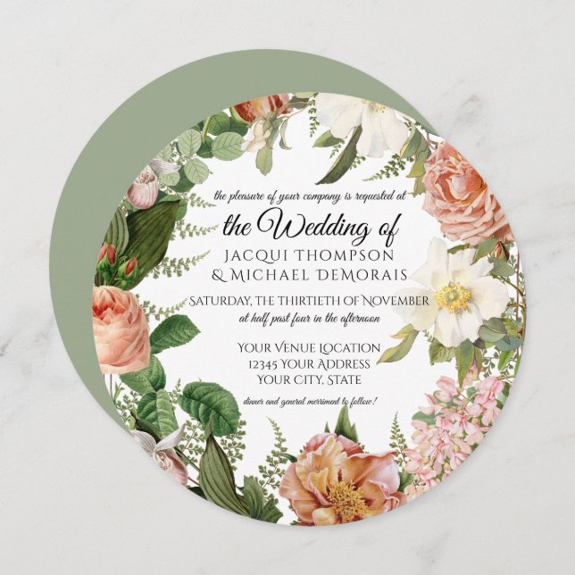 Sage  Ivory Vintage Botaniska Blommigten Bröllop Inbjudningar (Fram/baksida)