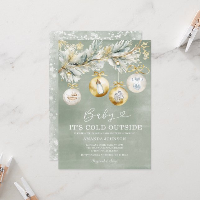 Sage Kallt Utanför Snöflinga Jul Baby Shower Inbjudningar (Fram/Back In Situ)