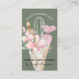 Sage Konditor Rosa Blommor Boho Bagare Visitkort