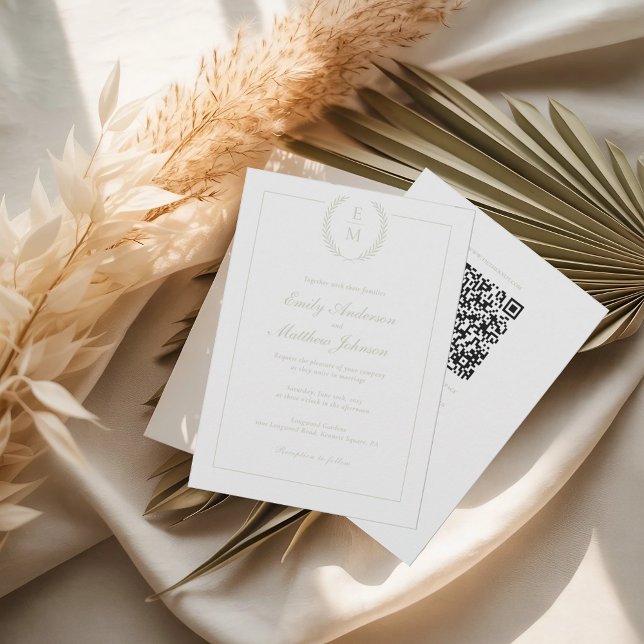 Sage Laurel Monogram Wedding Invitation QR Code  Inbjudningar (Skapare uppladdad)