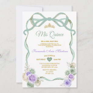 Sage Lila Blommigt Bow Ribbon Guld Girl Mis Quince Inbjudningar