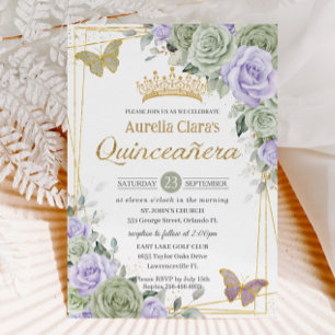Sage Lila Blommigt Butterflies Guld Quinceanera Inbjudningar