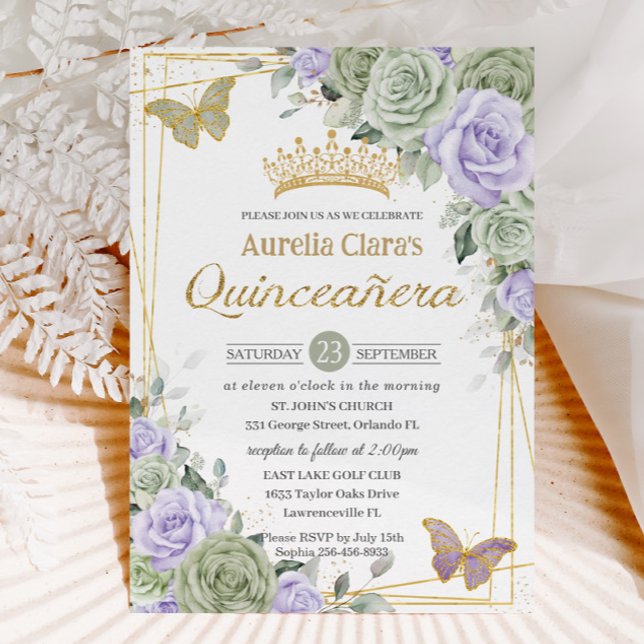 Sage Lila Blommigt Butterflies Guld Quinceanera Inbjudningar (Skapare uppladdad)